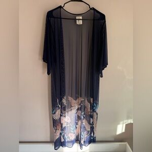 Sheer Navy Kimono with Bird and Floral Design
